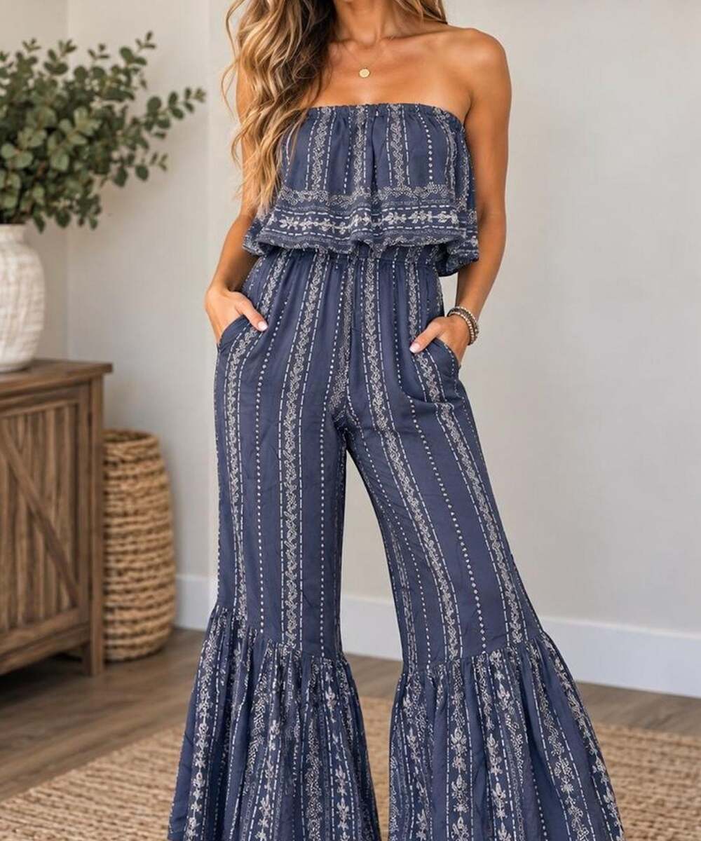 Japna Womens L Blue White Floral Strapless Wide Leg Jumpsuit Boho Cottagecore